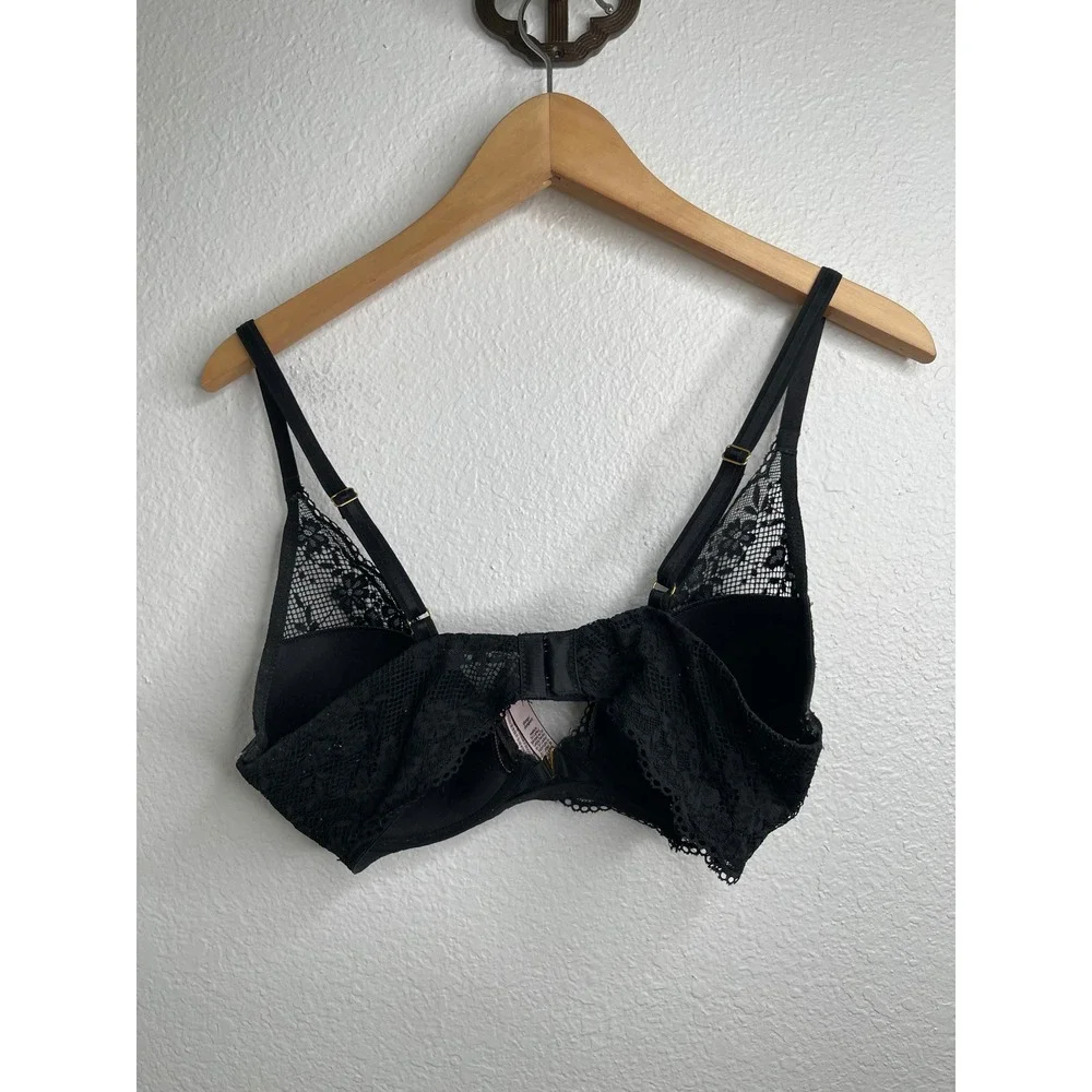 Victoria's Secret Black Floral Lace Mesh Plunge Underwire‎ Bra 34D Gold V